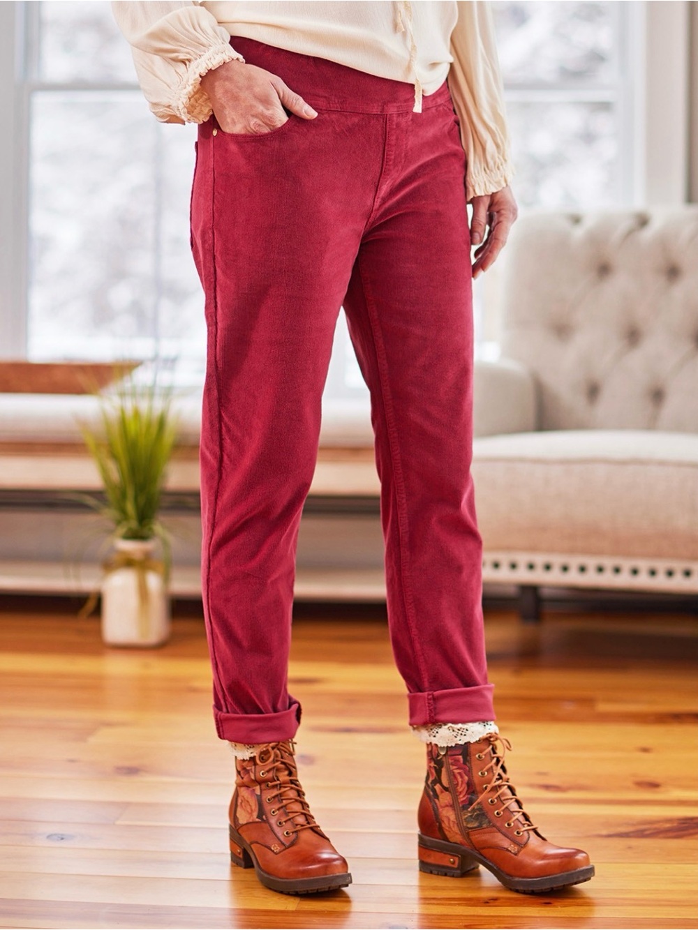 April Cornell Cache Pinwale Corduroy Pull On Pant Size XL Berry Red